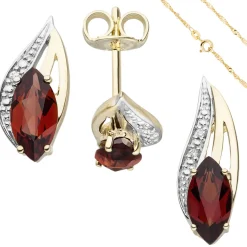 Schmuck-Set 585 Gelbgold Granate und Diamanten Ohrstecker Anhänger Kette 42cm