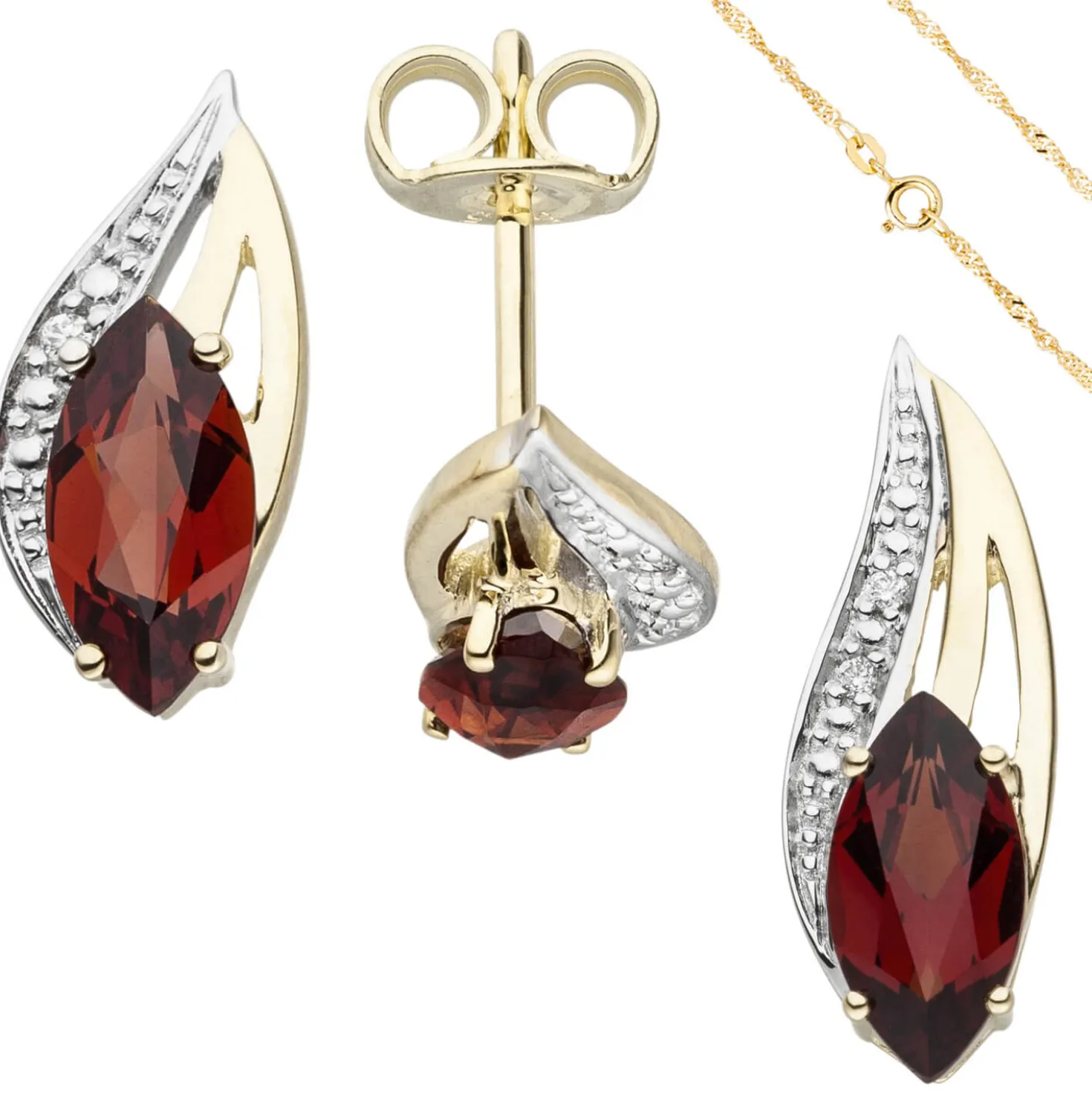 Schmuck-Set 585 Gelbgold Granate und Diamanten Ohrstecker Anhänger Kette 42cm