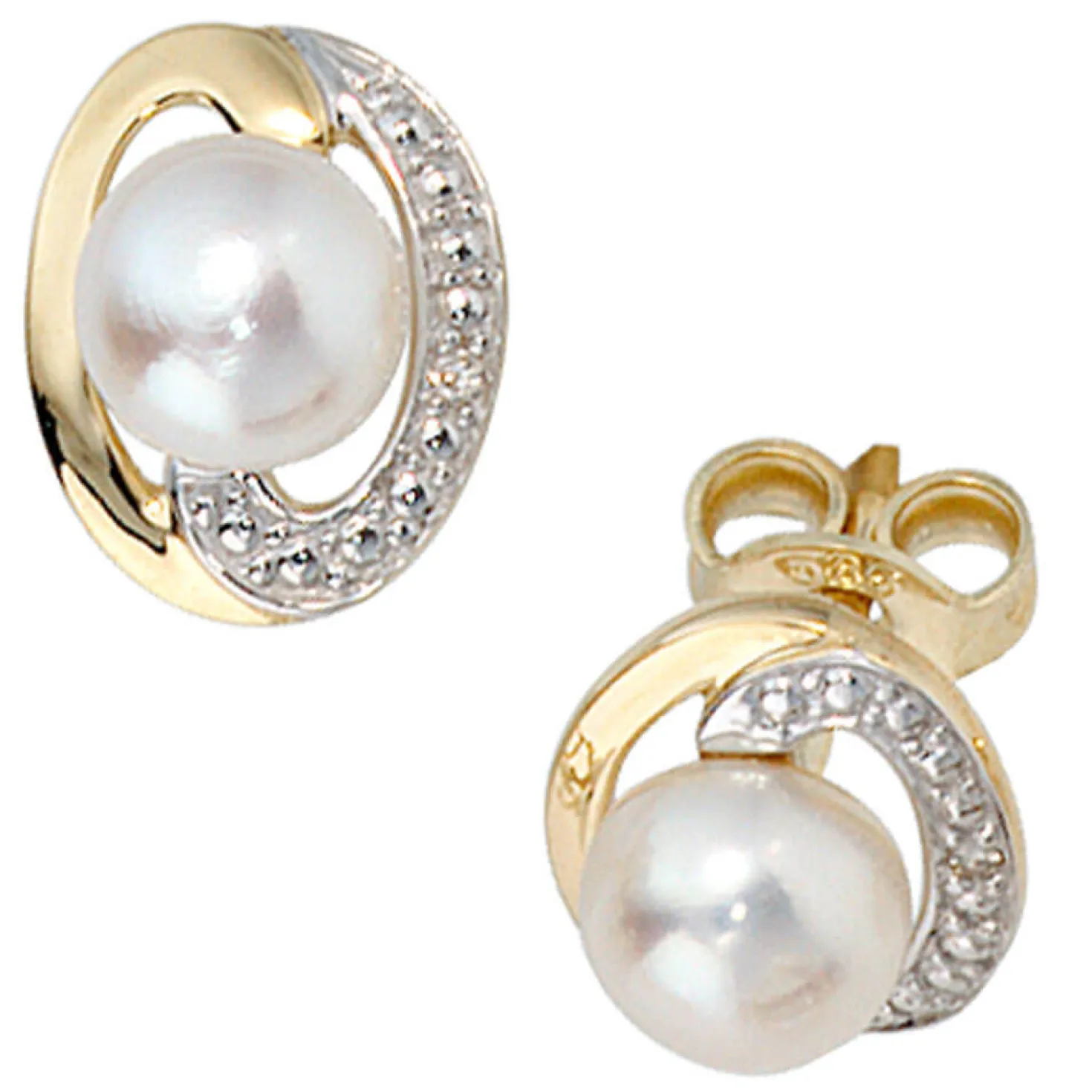 Schmuck-Set 585 Gelbgold 3 Perlen Diamanten 0.01Ct Ohrringe Anhänger Kette 45cm