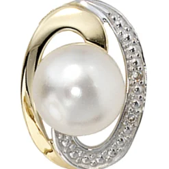 Schmuck-Set 585 Gelbgold 3 Perlen Diamanten 0.01Ct Ohrringe Anhänger Kette 45cm