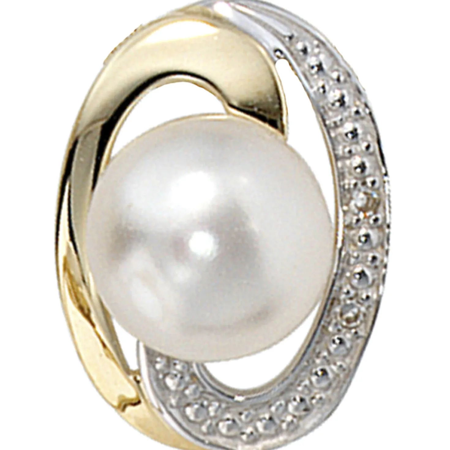 Schmuck-Set 585 Gelbgold 3 Perlen Diamanten 0.01Ct Ohrringe Anhänger Kette 45cm