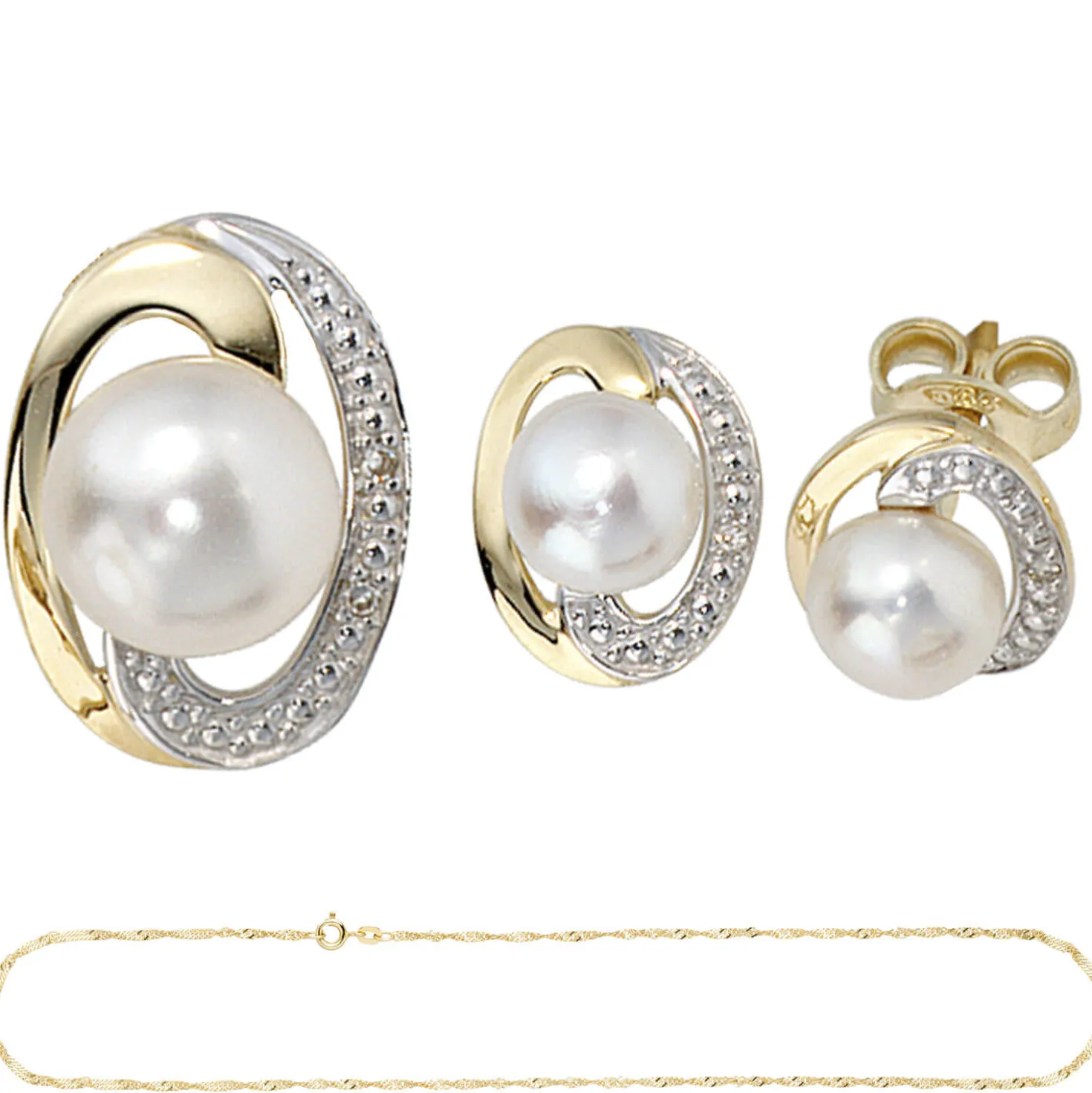 Schmuck-Set 585 Gelbgold 3 Perlen Diamanten 0.01Ct Ohrringe Anhänger Kette 45cm