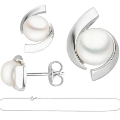 Schmuck-Set 333 Gold Weißgold Süßwasser Perlen Ohrstecker Anhänger Kette 45cm