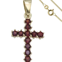 Schmuck-Set, Kreuz mit roten Granaten 1,3mm Panzerkette 333 Gold Gelbgold, 45cm