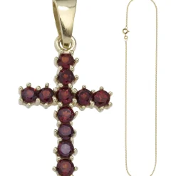 Schmuck-Set, Kreuz mit roten Granaten 1,3mm Panzerkette 333 Gold Gelbgold, 45cm