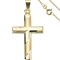 Schmuck-Set, Kreuz mit Streifen auf 1,3mm Panzerkette 333 Gold Gelbgold, 50cm