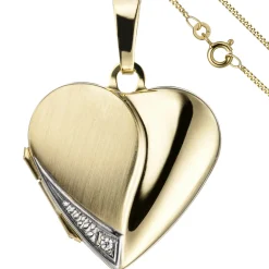 Schmuck-Set, Medaillon Herz für 2 Fotos 1,3mm Panzerkette 333 Gold Gelbgold 45cm