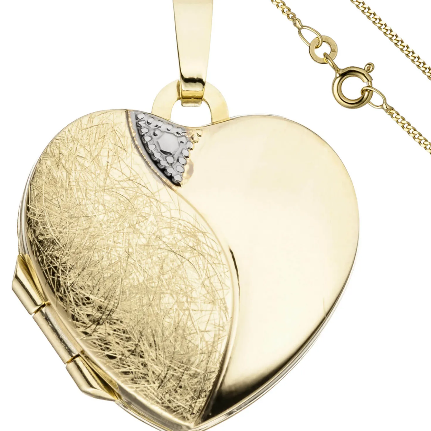 Schmuck-Set, Medaillon Herz für 2 Fotos 1,3mm Panzerkette 333 Gold Gelbgold 45cm