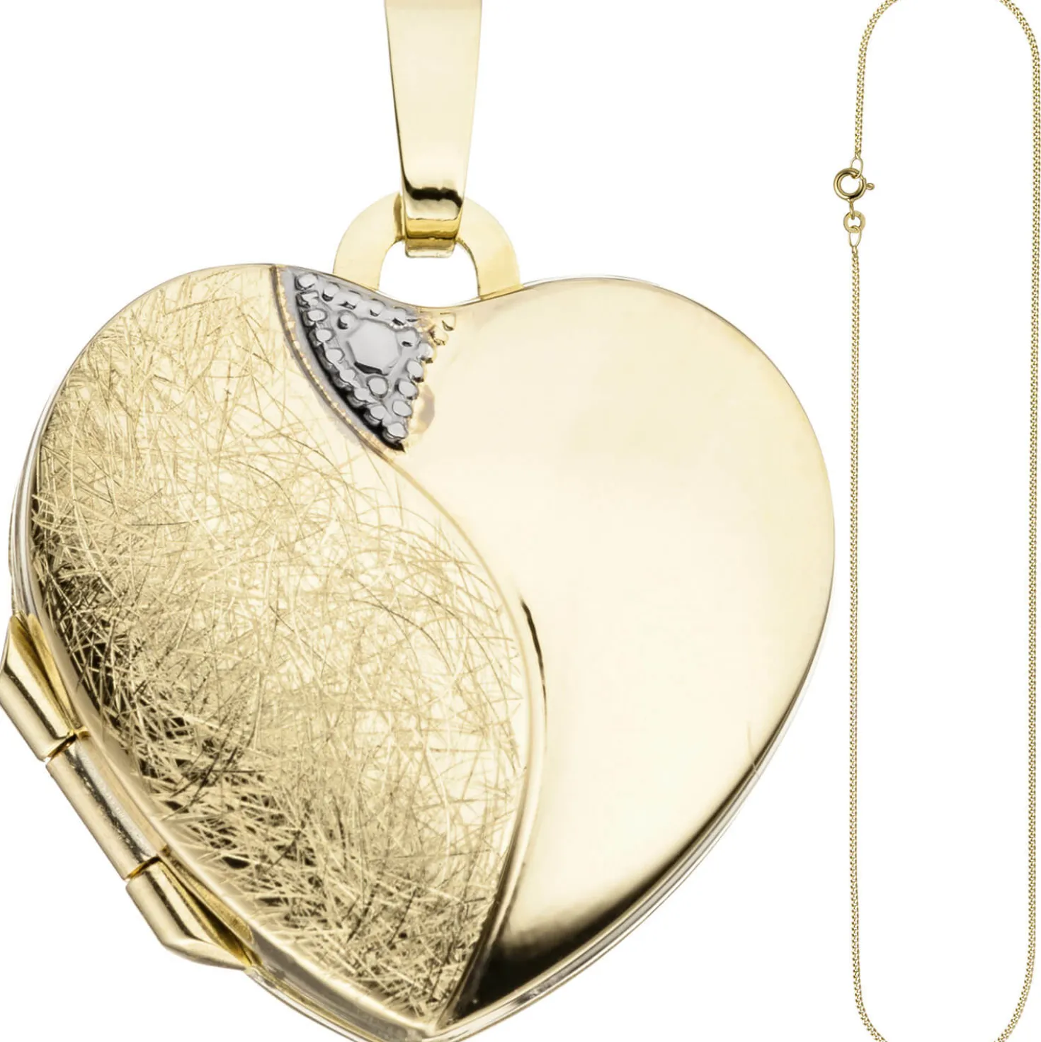 Schmuck-Set, Medaillon Herz für 2 Fotos 1,3mm Panzerkette 333 Gold Gelbgold 45cm