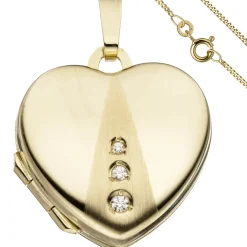 Schmuck-Set, Medaillon Herz für 2 Fotos 1,3mm Panzerkette 333 Gold Gelbgold 50cm