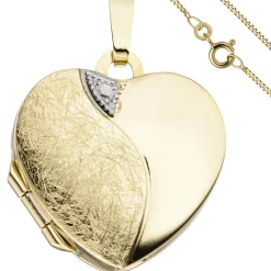 Schmuck-Set, Medaillon Herz für 2 Fotos 1,3mm Panzerkette 333 Gold Gelbgold 50cm