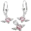 Set, Anhänger & Ohrringe, Herz aus Zirkonia pink mit Flügeln, 925 Silber