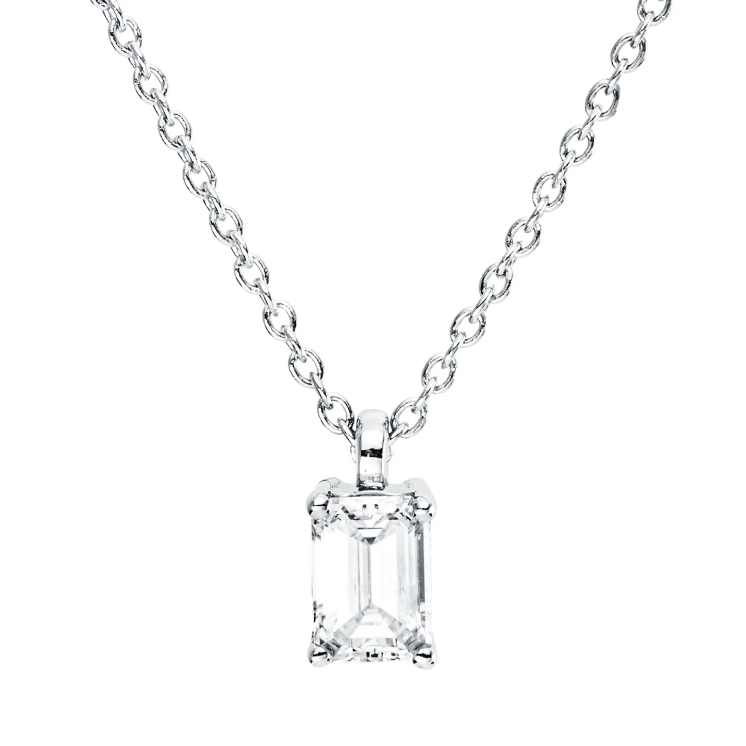 Solitaire Collier aus 750 Weißgold Diamant Smaragd-Schliff 0,3ct F-VSI L:45cm