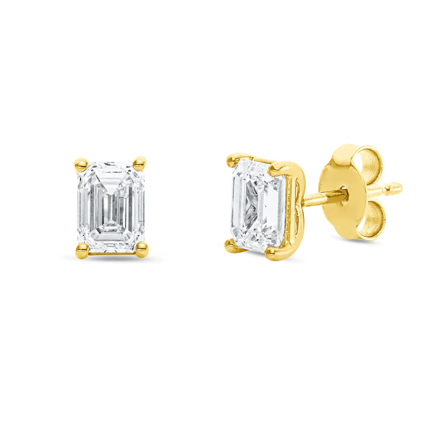 Solitaire Ohrstecker aus 750 Gelbgold 2 Diamanten Smaragd-Schliff 2ct TW-VSI