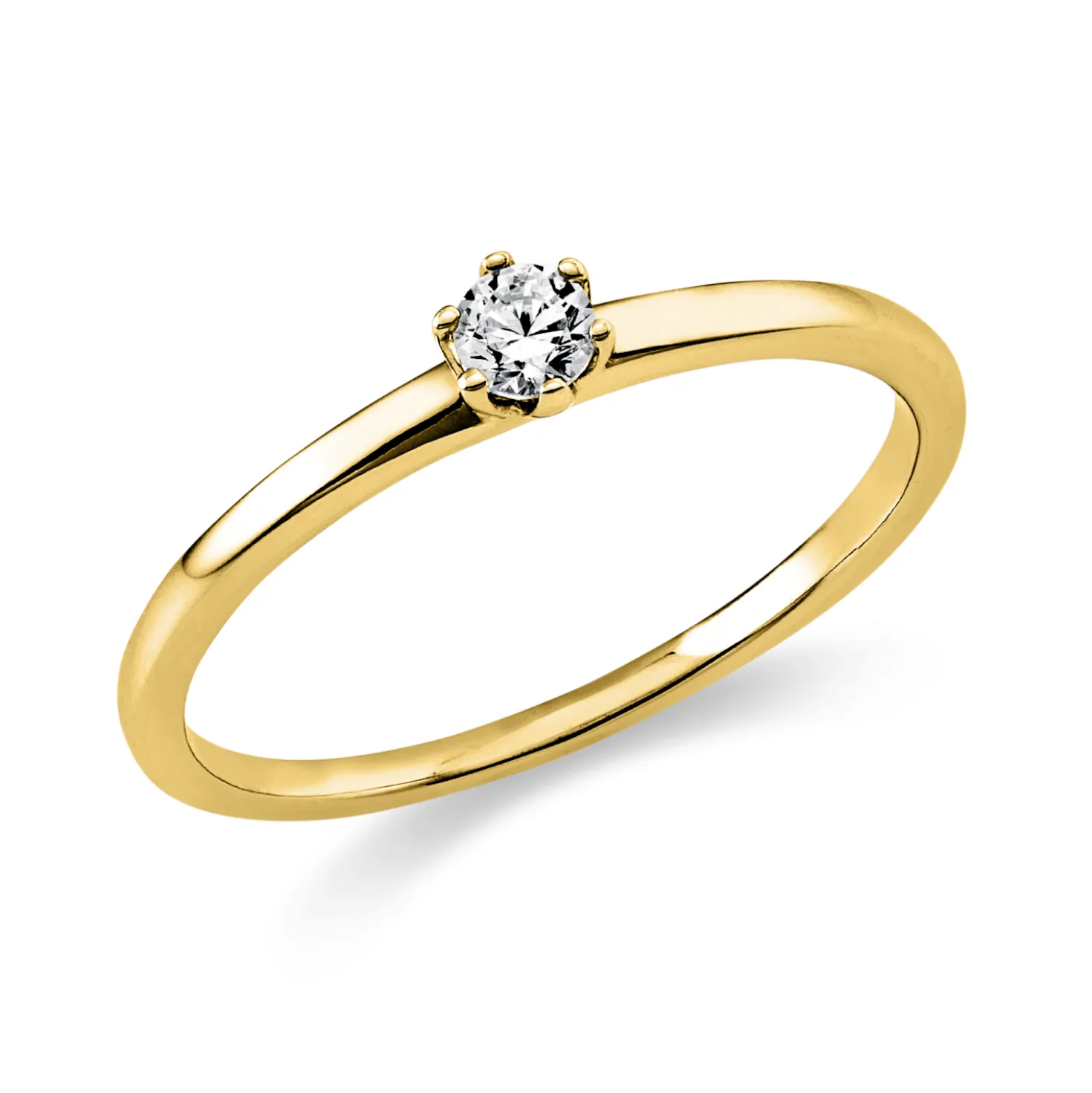 Solitaire Ring aus 750 Gold Gelbgold Brillant 0,1ct TW-SI B:1,4mm 6er-Krappe