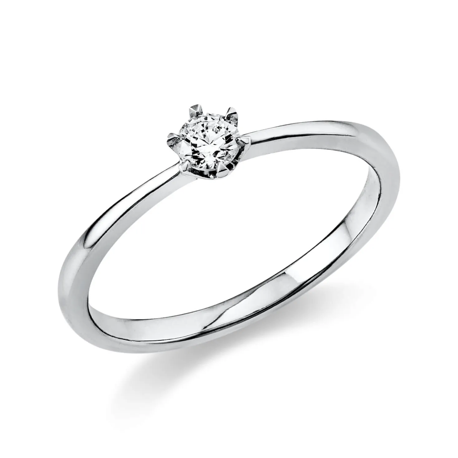 Solitaire Ring aus 750 Gold Weißgold Brillant 0,15ct TW-SI B:2,1mm 6er-Krappe