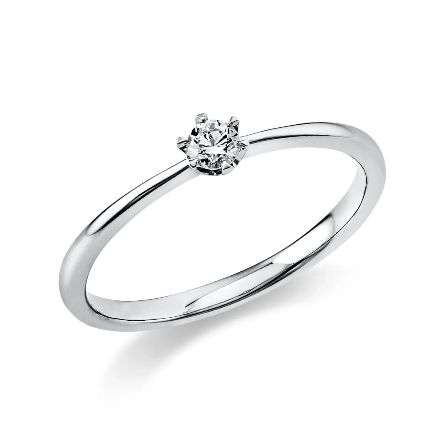 Solitaire Ring aus 750 Gold Weißgold Brillant 0,1ct TW-SI B:1,7mm 6er-Krappe