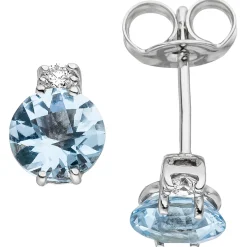 Solitär Ohrstecker 2 Diamanten 0.06Ct Aquamarine 585 Gold Weißgold