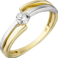 Solitär Ring Damenring 1 Zirkonia weiß 333 Gold Gelbgold teilrhodiniert bicolor