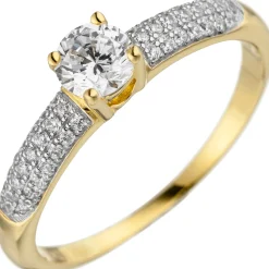 Solitär Ring mit weißen Zirkonia 925 Silber Gelbgold vergoldet Fingerschmuck