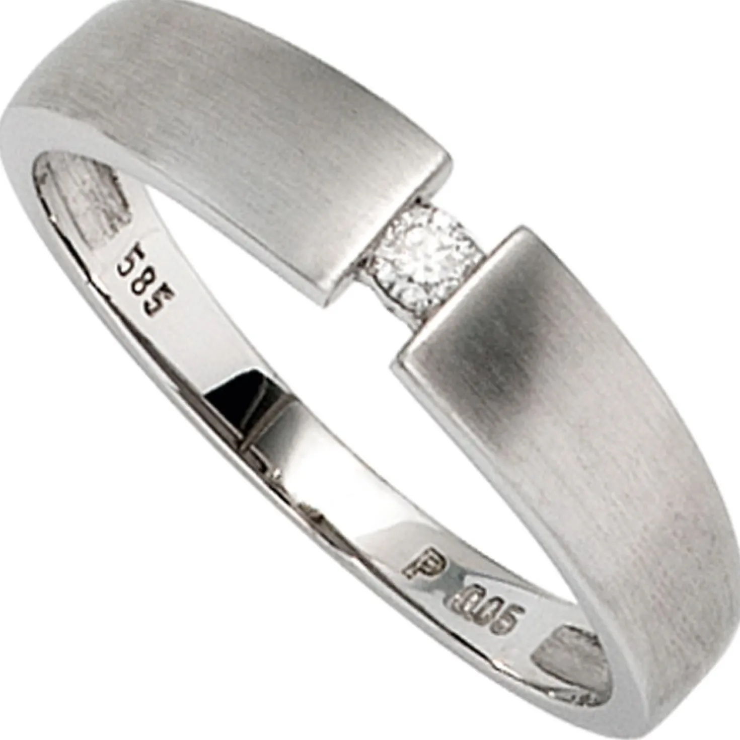 Solitär Spannring Ring Diamant Brillant 0,05 Ct W/P1 585 Gold Weißgold mattiert