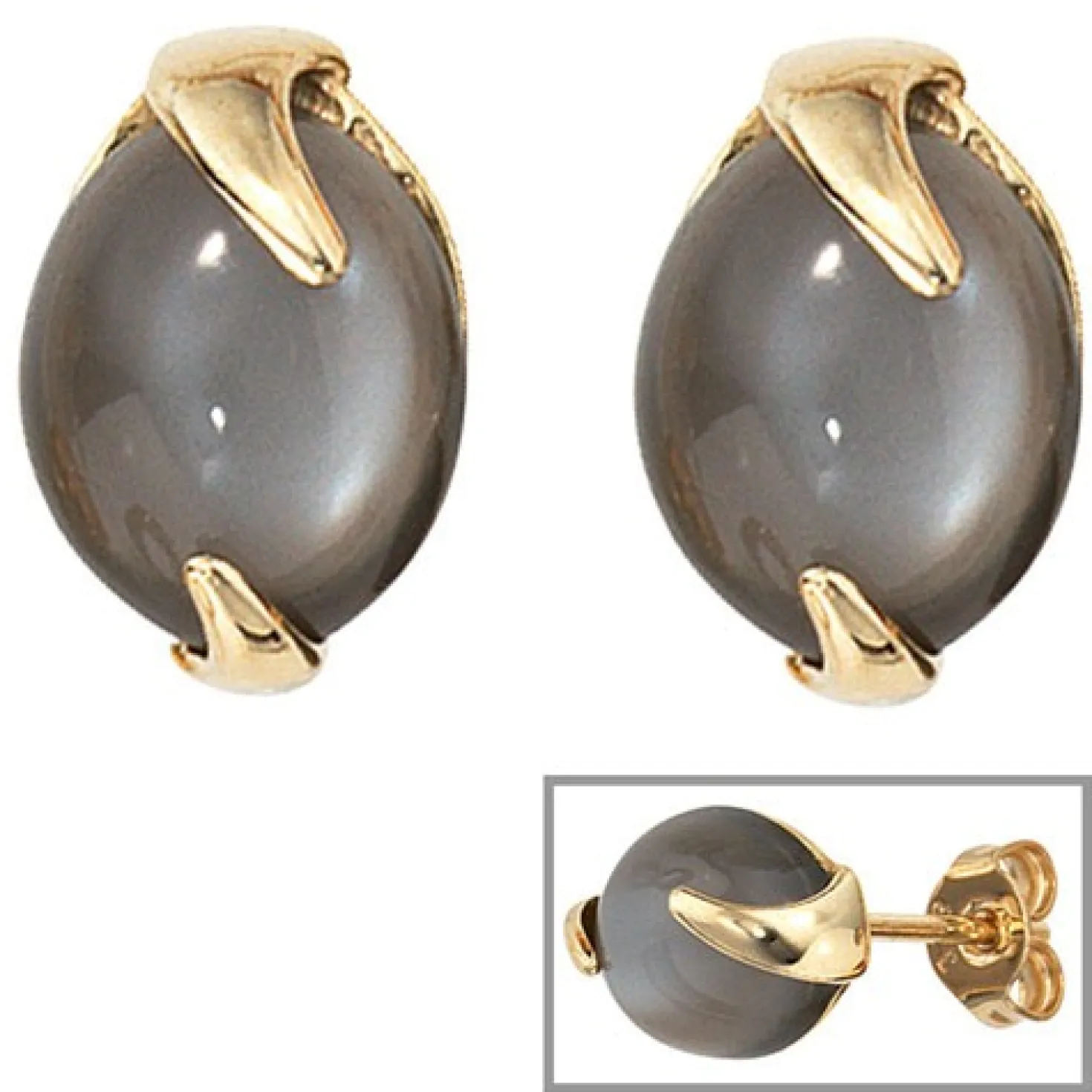 Stecker Ohrstecker mit Mondstein grau, 585 Gold Gelbgold, oval, Damen