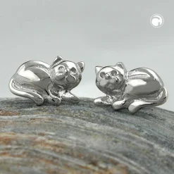 Stecker Ohrstecker Ohrschmuck, Katze, rhodiniert, 925 Silber für Damen
