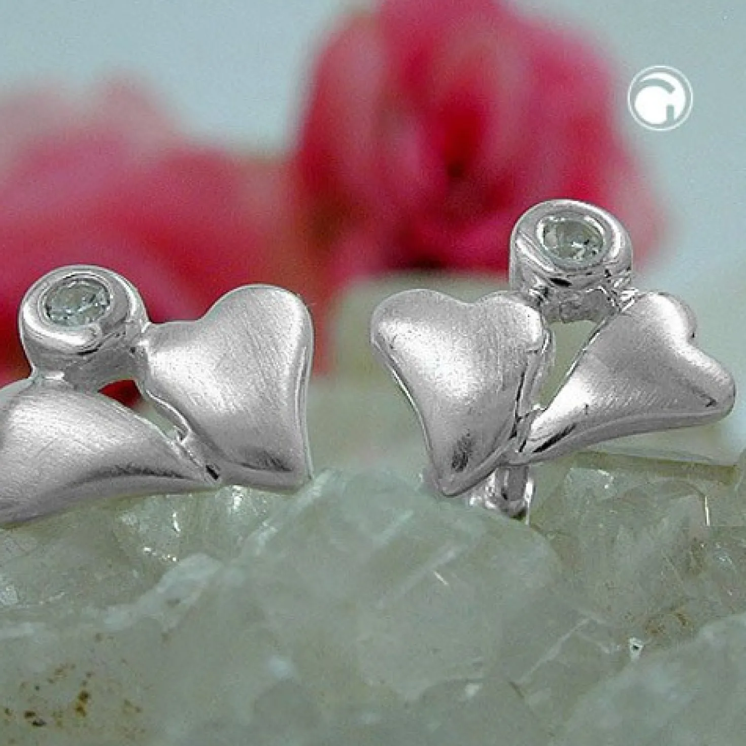 Stecker Ohrstecker, zwei Herzen mit Zirkonia, matt, aus 925 Silber